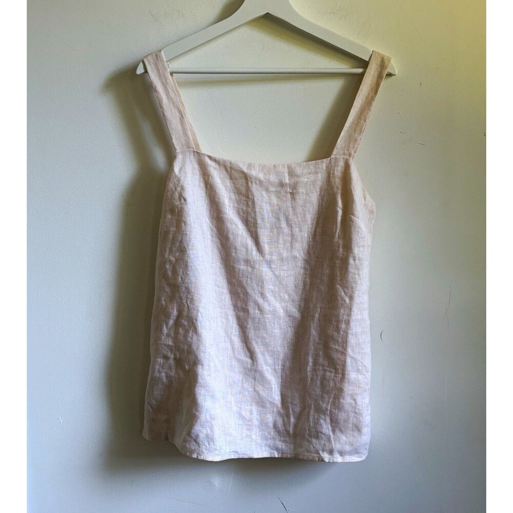 Kourt Beige Linen Woven Square Neck Strappy Camisole Tank Top Sz M boho resort